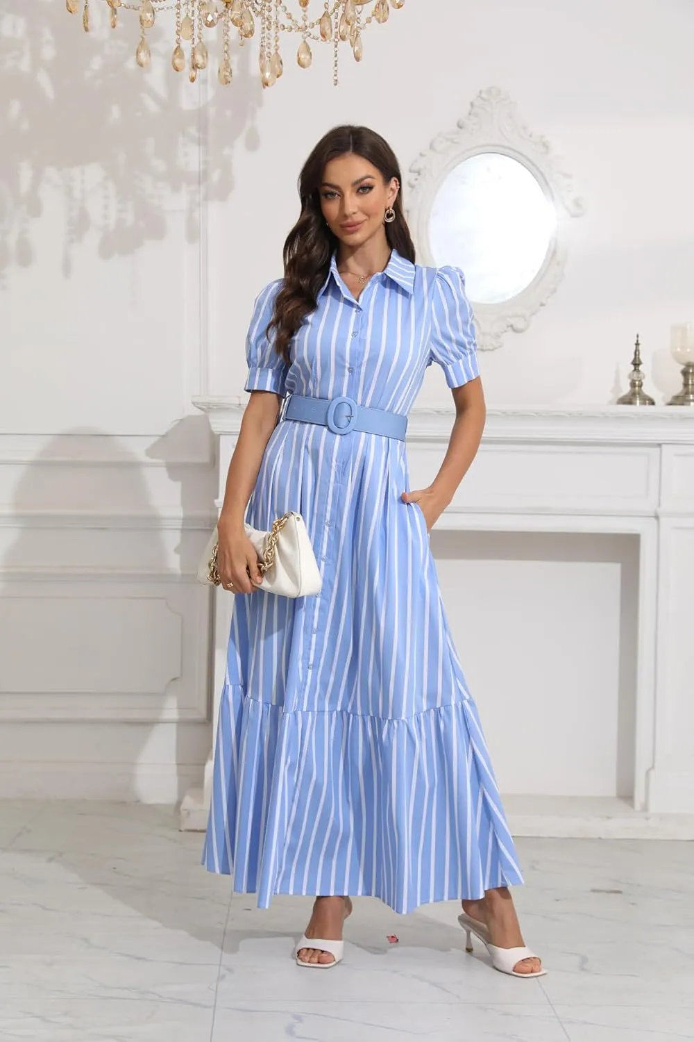 utcoco Womens Striped Button Down Shirt Dress Casual Puff Short Sleeve Ruffle Hem Maxi Dresses with Belt