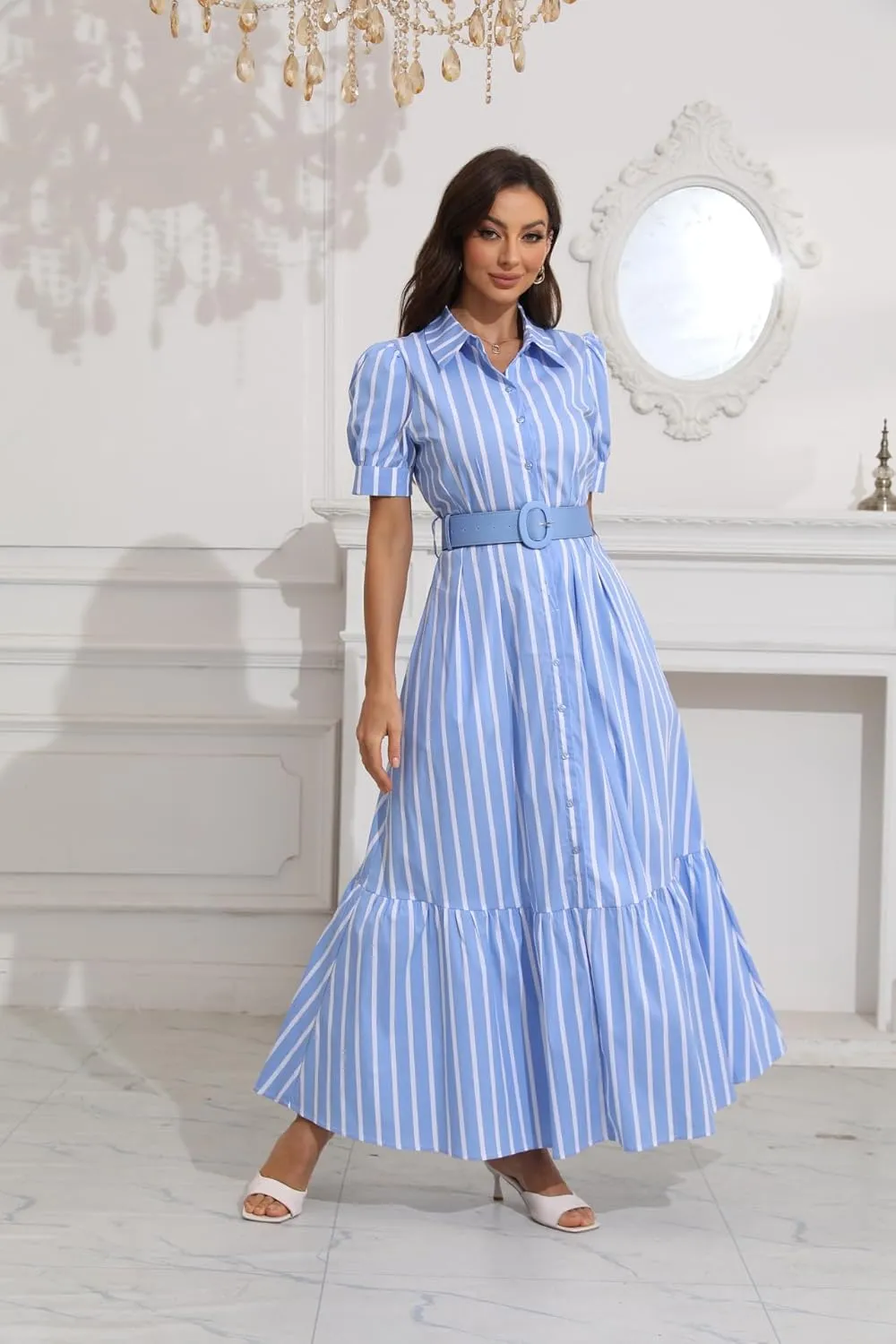 utcoco Womens Striped Button Down Shirt Dress Casual Puff Short Sleeve Ruffle Hem Maxi Dresses with Belt