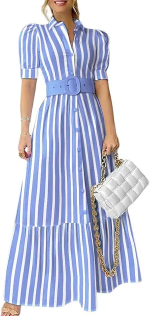 utcoco Womens Striped Button Down Shirt Dress Casual Puff Short Sleeve Ruffle Hem Maxi Dresses with Belt