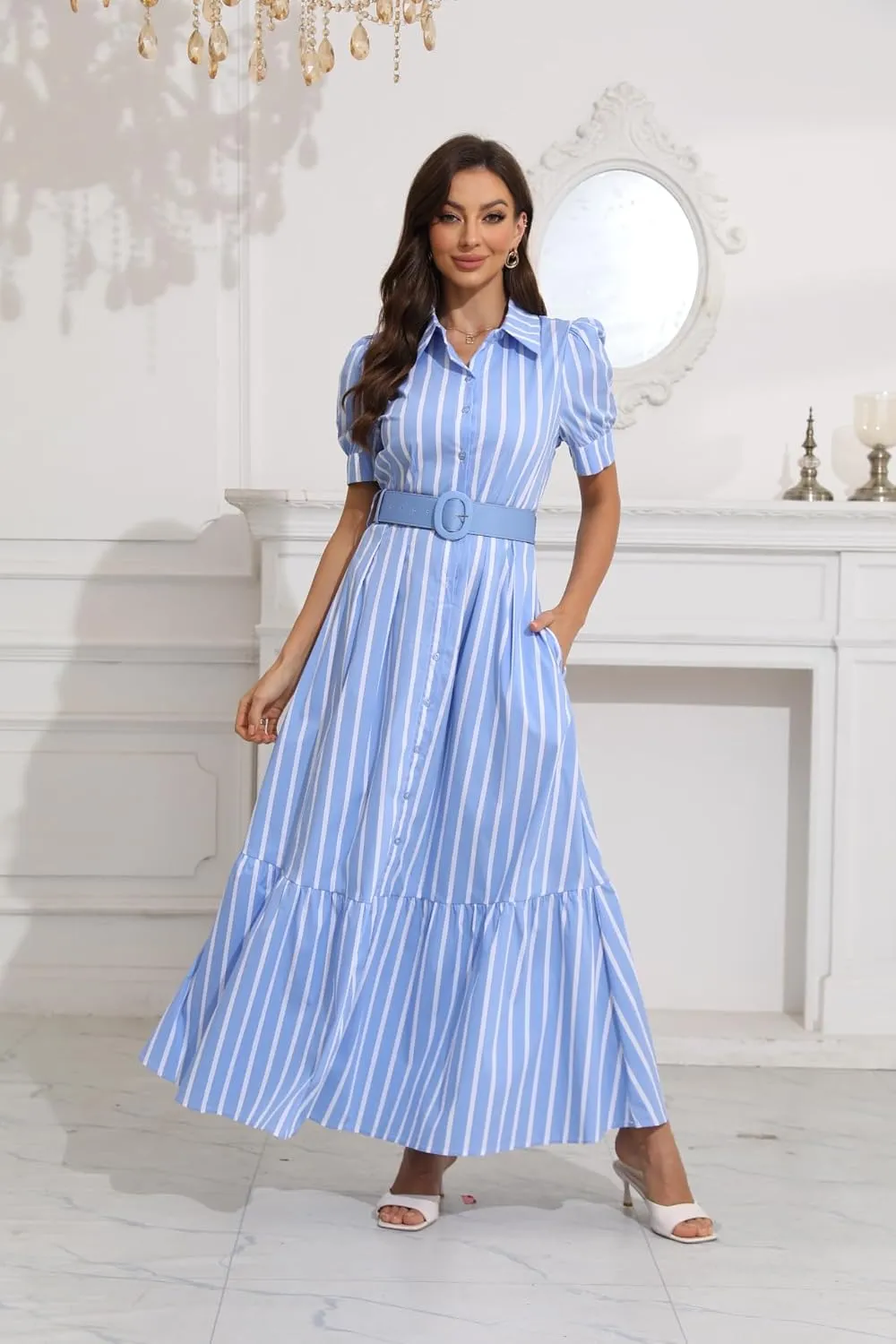 utcoco Womens Striped Button Down Shirt Dress Casual Puff Short Sleeve Ruffle Hem Maxi Dresses with Belt