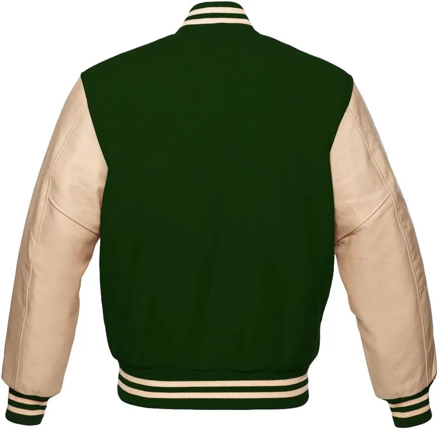 Varsity Jacket Baseball Letterman Bomber Wool & Cream Genuine leather sleeves