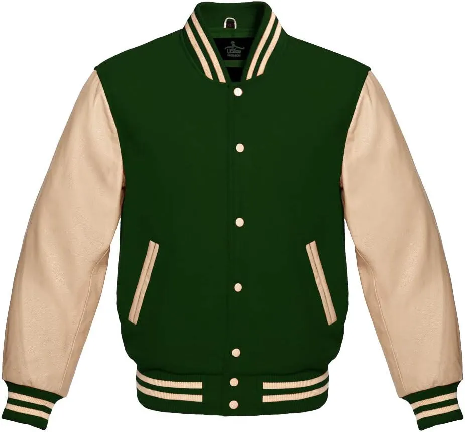 Varsity Jacket Baseball Letterman Bomber Wool & Cream Genuine leather sleeves