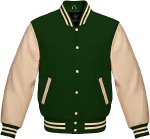 Varsity Jacket Baseball Letterman Bomber Wool & Cream Genuine leather sleeves
