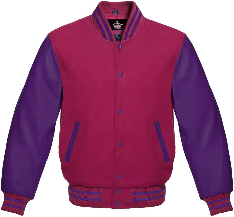 Varsity Jacket Baseball Letterman Bomber Wool & Purple Genuine leather sleeves