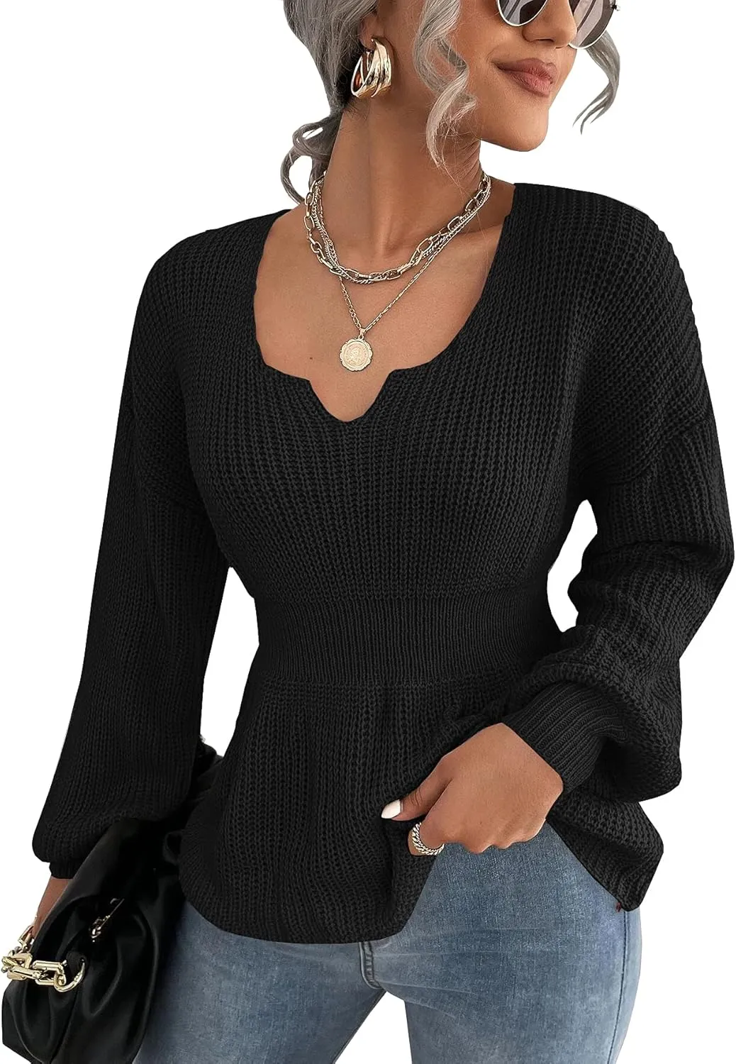 Veatzaer Womens V Neck Sweaters Fall Trendy Casual Long Lantern Sleeve Ribbed Knit Pullover Sweater Tops