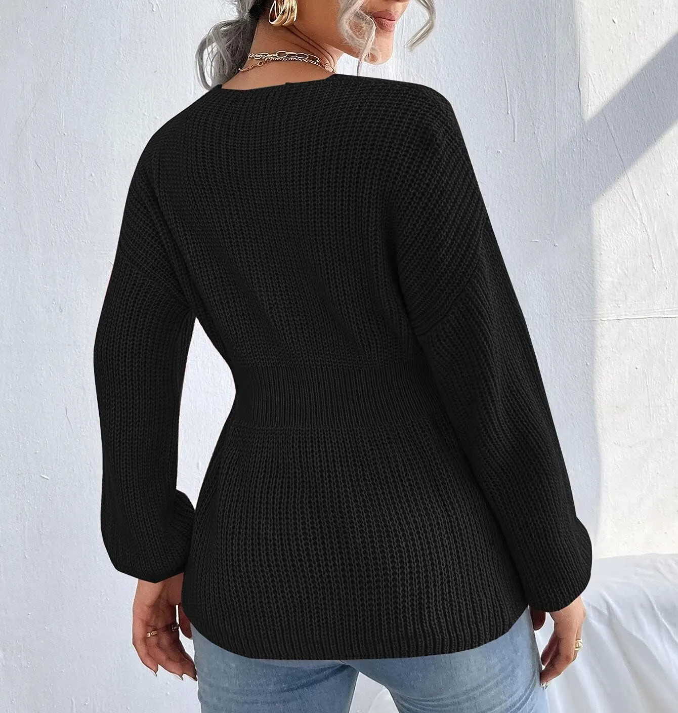 Veatzaer Womens V Neck Sweaters Fall Trendy Casual Long Lantern Sleeve Ribbed Knit Pullover Sweater Tops