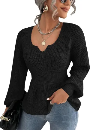Veatzaer Womens V Neck Sweaters Fall Trendy Casual Long Lantern Sleeve Ribbed Knit Pullover Sweater Tops