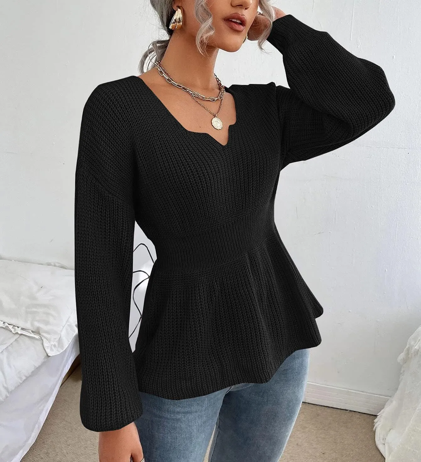 Veatzaer Womens V Neck Sweaters Fall Trendy Casual Long Lantern Sleeve Ribbed Knit Pullover Sweater Tops