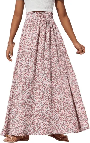 Verdusa Girl's Floral Print Elastic High Waist Ruffle Flowy Long Maxi Skirts