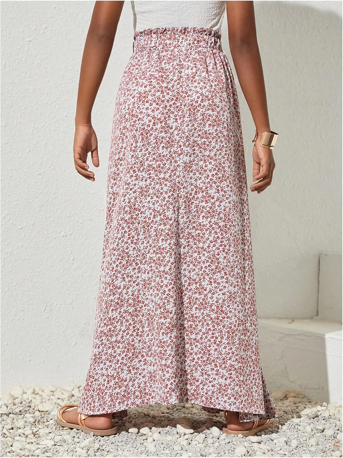 Verdusa Girl's Floral Print Elastic High Waist Ruffle Flowy Long Maxi Skirts