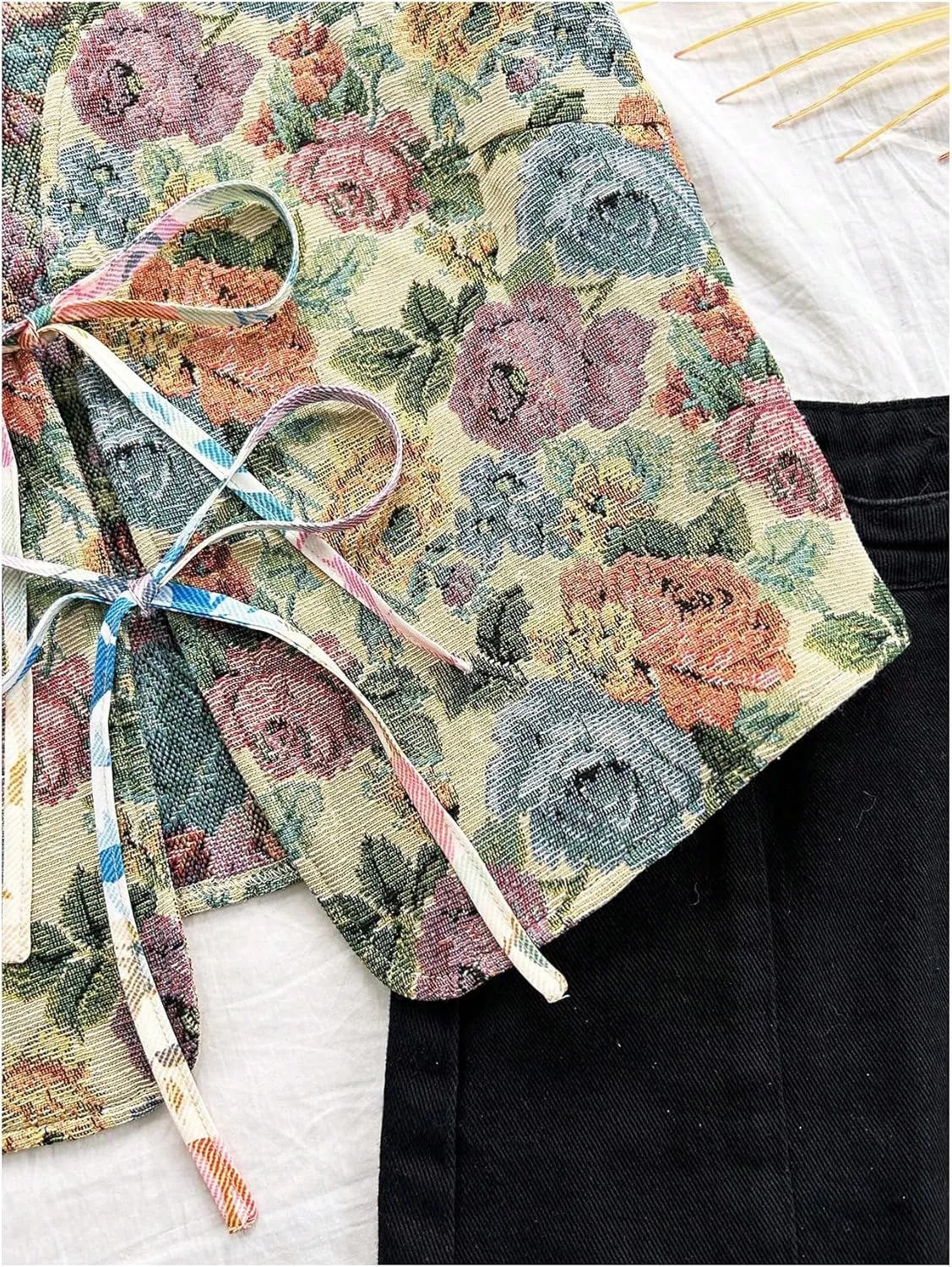 Verdusa Women's Vintage Floral Print Bow Tie Cowgirl Vest V Neck Sleeveless Jacket Outerwear