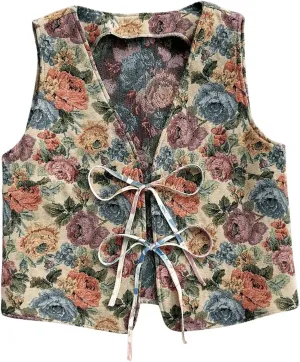 Verdusa Women's Vintage Floral Print Bow Tie Cowgirl Vest V Neck Sleeveless Jacket Outerwear