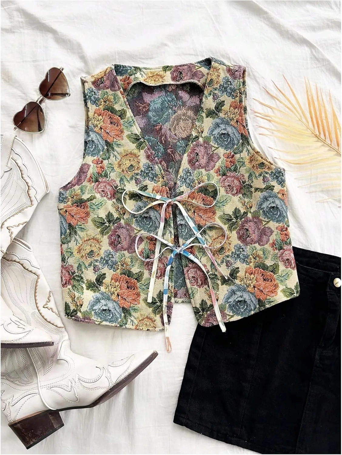 Verdusa Women's Vintage Floral Print Bow Tie Cowgirl Vest V Neck Sleeveless Jacket Outerwear