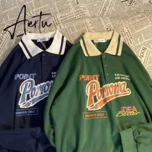 Vintage Polo Collar Oversized Hoodies Women Korean  Autumn Letter Print Sweatshirt Harajuku Bear Tops Long Sleeve Plus Size