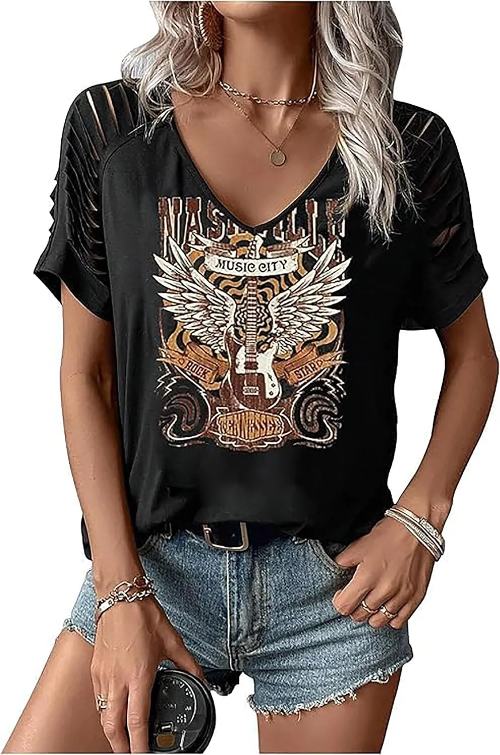 Vintage Rock and Roll T Shirts for Women Casual Country Music Tshirts Funny Summer Rock Band Concert Shirt Top