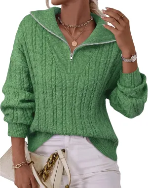 Vivilli Women's Oversized Sweater Quarter Zip Chunky Cable Knit Sweaters Fall Winter Fashion Pullover Sweater Tops