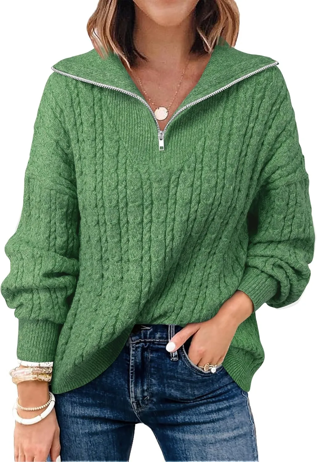 Vivilli Women's Oversized Sweater Quarter Zip Chunky Cable Knit Sweaters Fall Winter Fashion Pullover Sweater Tops