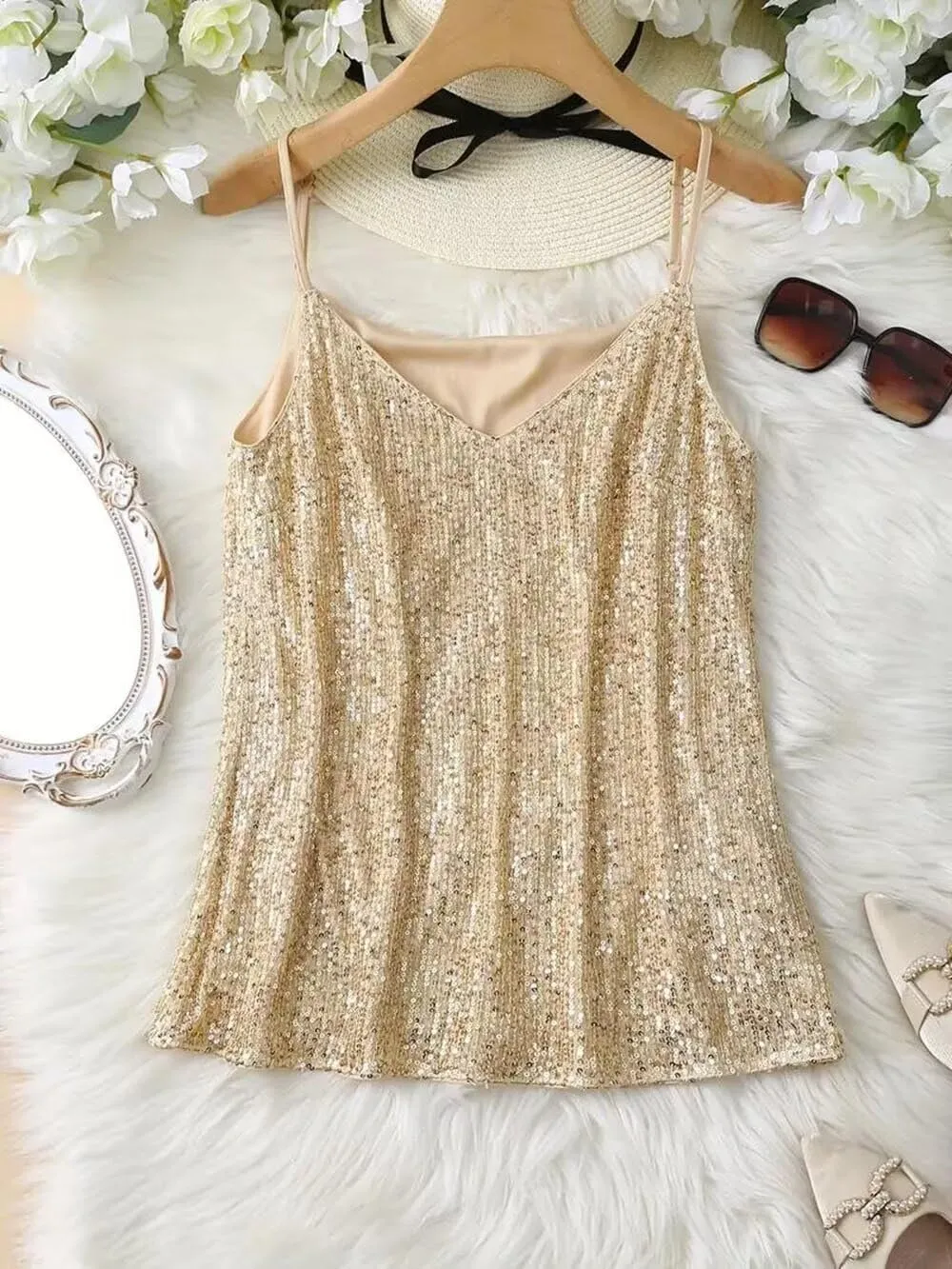 VKEGNIO Sequin Tops For Women V Neck Sparkle Shimmer Glitter Party Camisole Sparkly Club Night Disco Concert Outfits