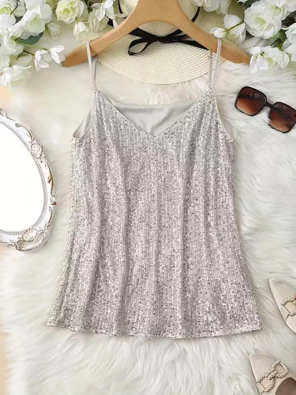 VKEGNIO Sequin Tops For Women V Neck Sparkle Shimmer Glitter Party Camisole Sparkly Club Night Disco Concert Outfits