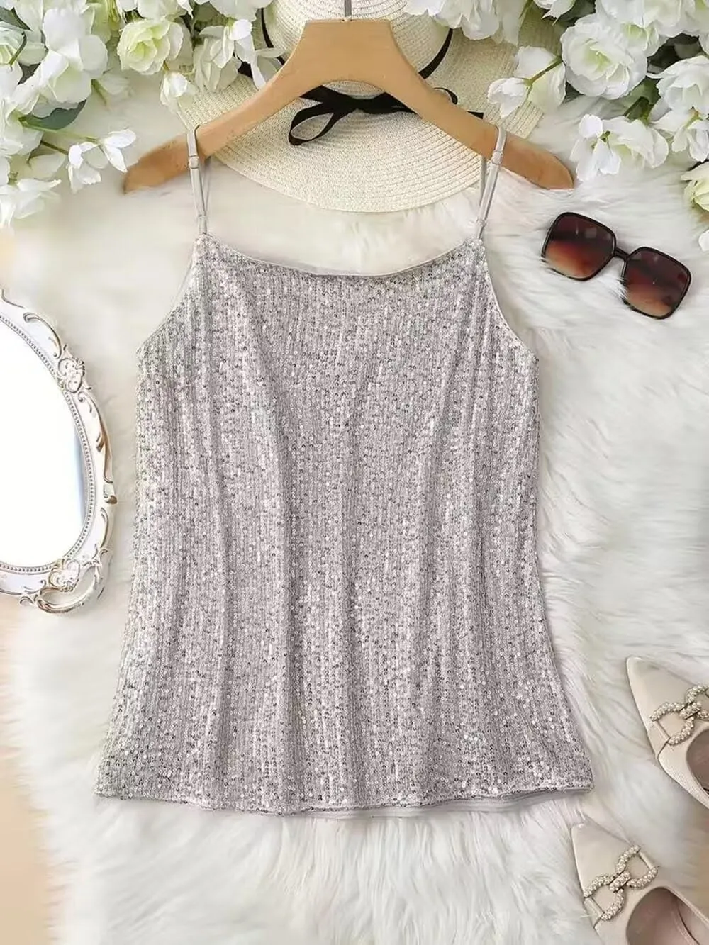 VKEGNIO Sequin Tops For Women V Neck Sparkle Shimmer Glitter Party Camisole Sparkly Club Night Disco Concert Outfits