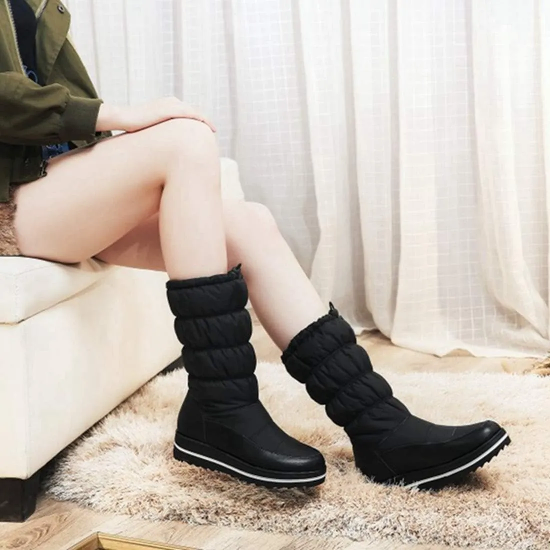 VOKLIN Women's Winter Mid Calf Snow Boots Waterproof Rain Platform Elastic Fur Lined Cold Weather Snow Boot