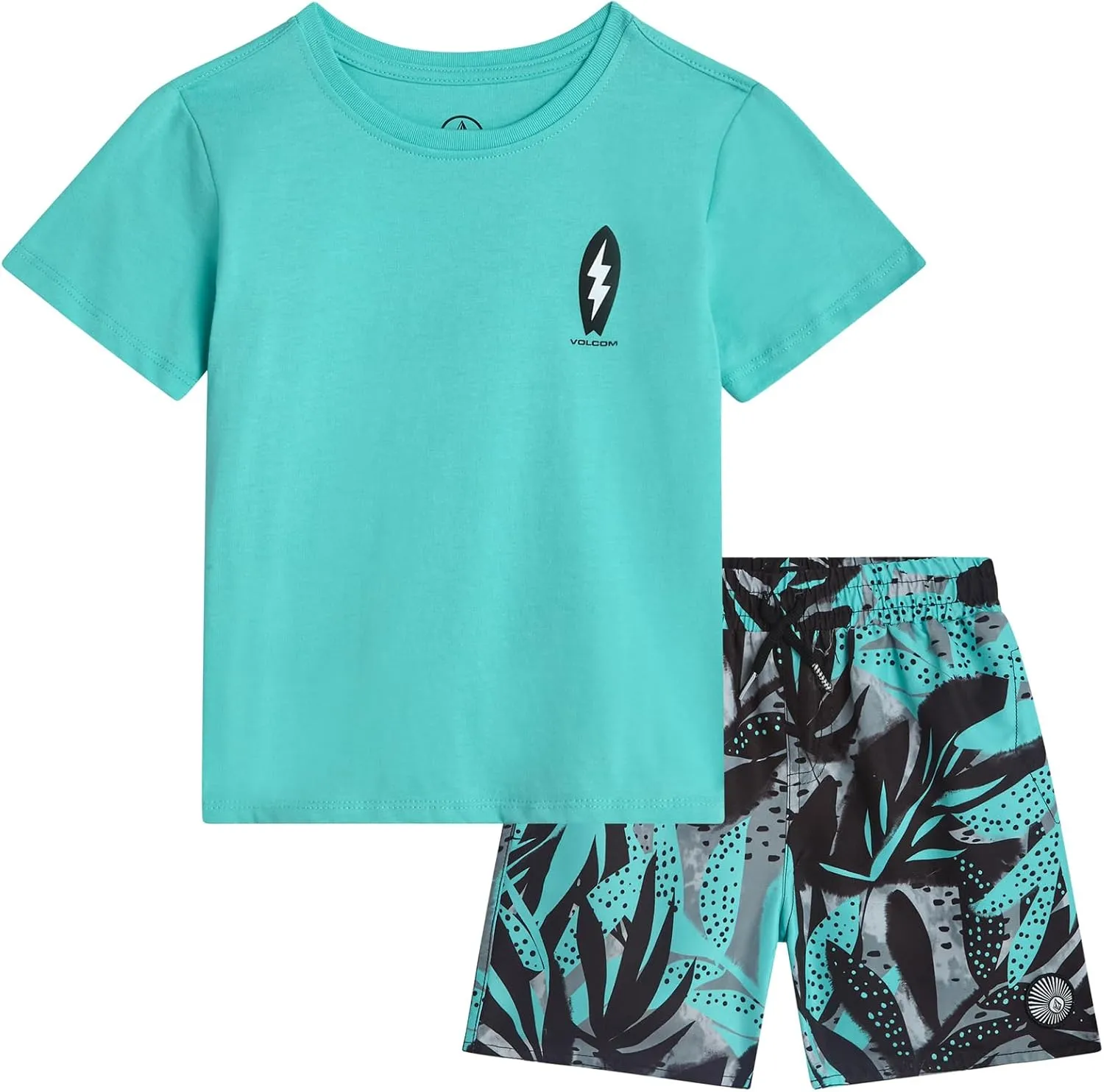 Volcom Baby Boys Swim Set - 2 Piece Short Sleeve Swim Shirt Graphic Tees & Board Shorts - Infant Toddler Little Boys Swimsuit