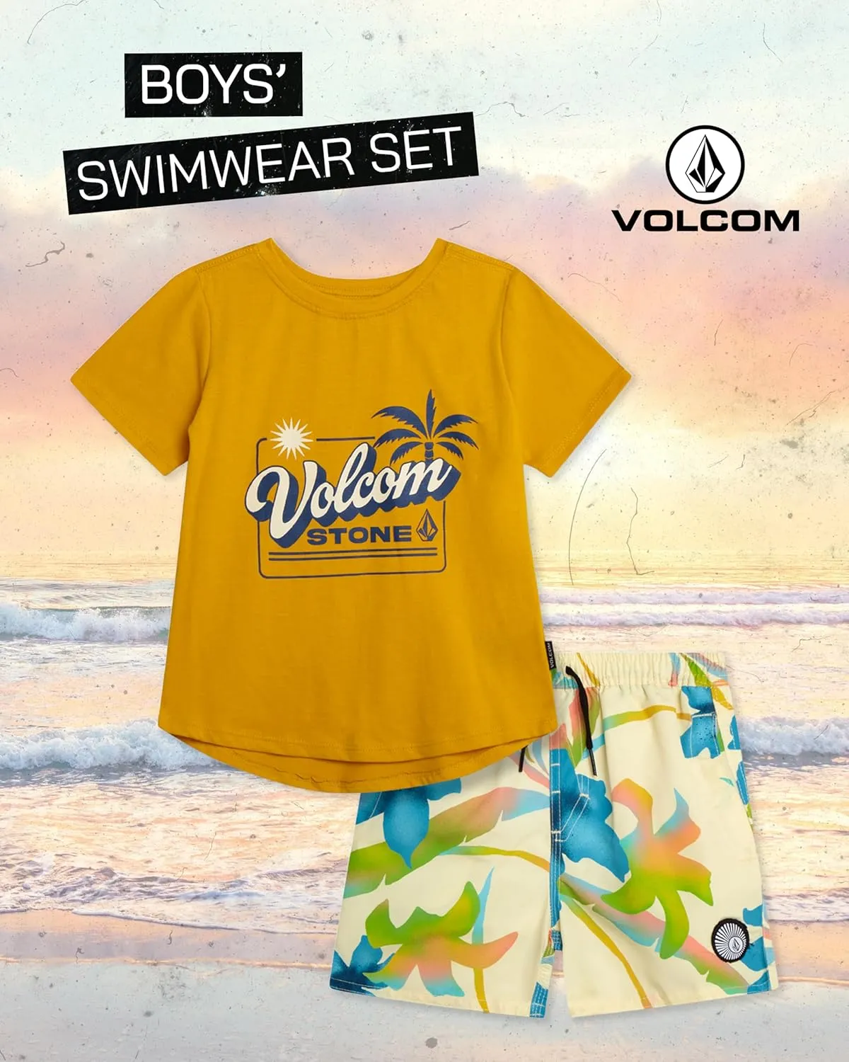 Volcom Baby Boys Swim Set - 2 Piece Short Sleeve Swim Shirt Graphic Tees & Board Shorts, Infant Toddler Little Boys Swimsuit