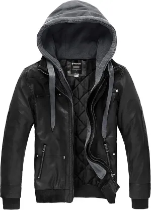 wantdo Men's Faux Leather Jacket with Removable Hood Motorcycle Jacket Casual Warm Winter Coat