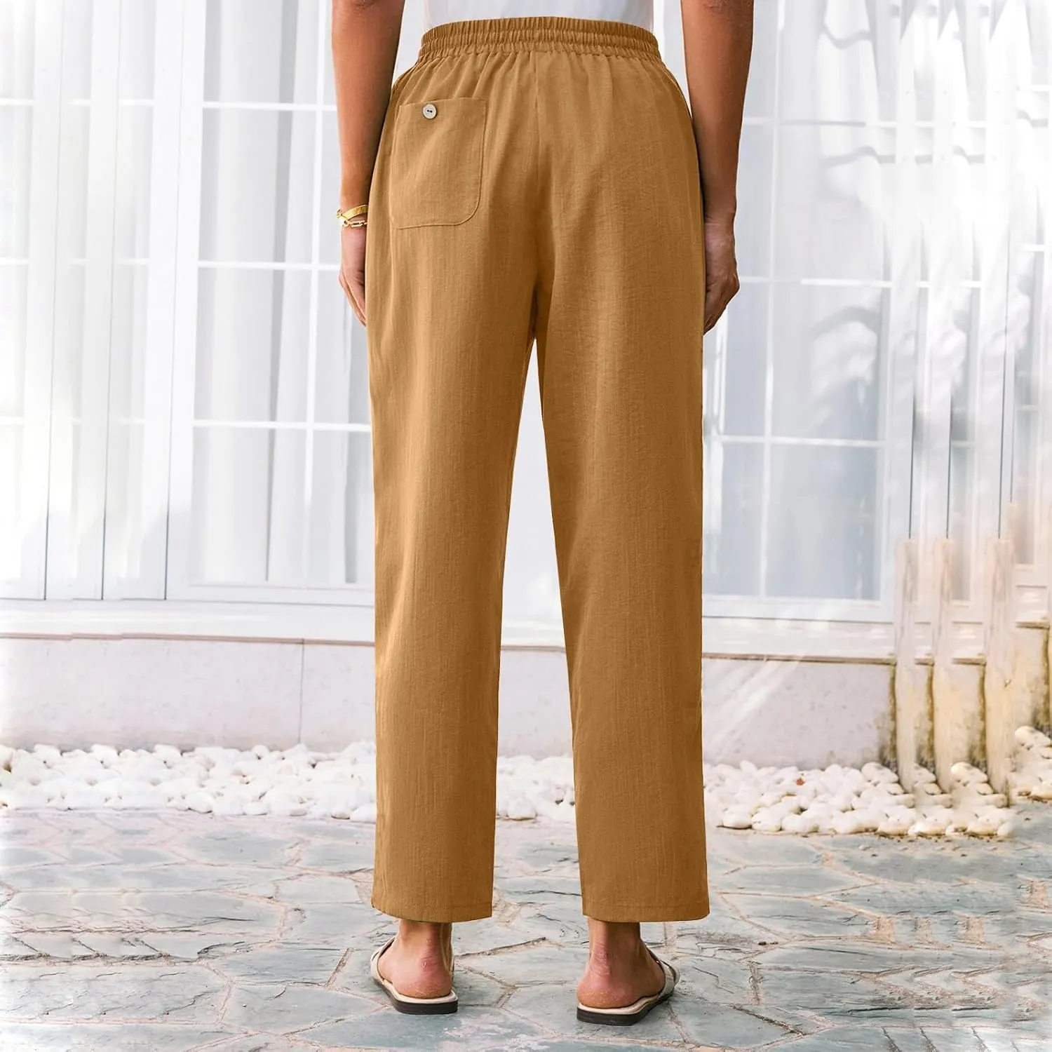 White Pants Women Wide Leg Summer, Work Pants Cargo Cotton Linen Trousers with Pockets Baggy Low Rise