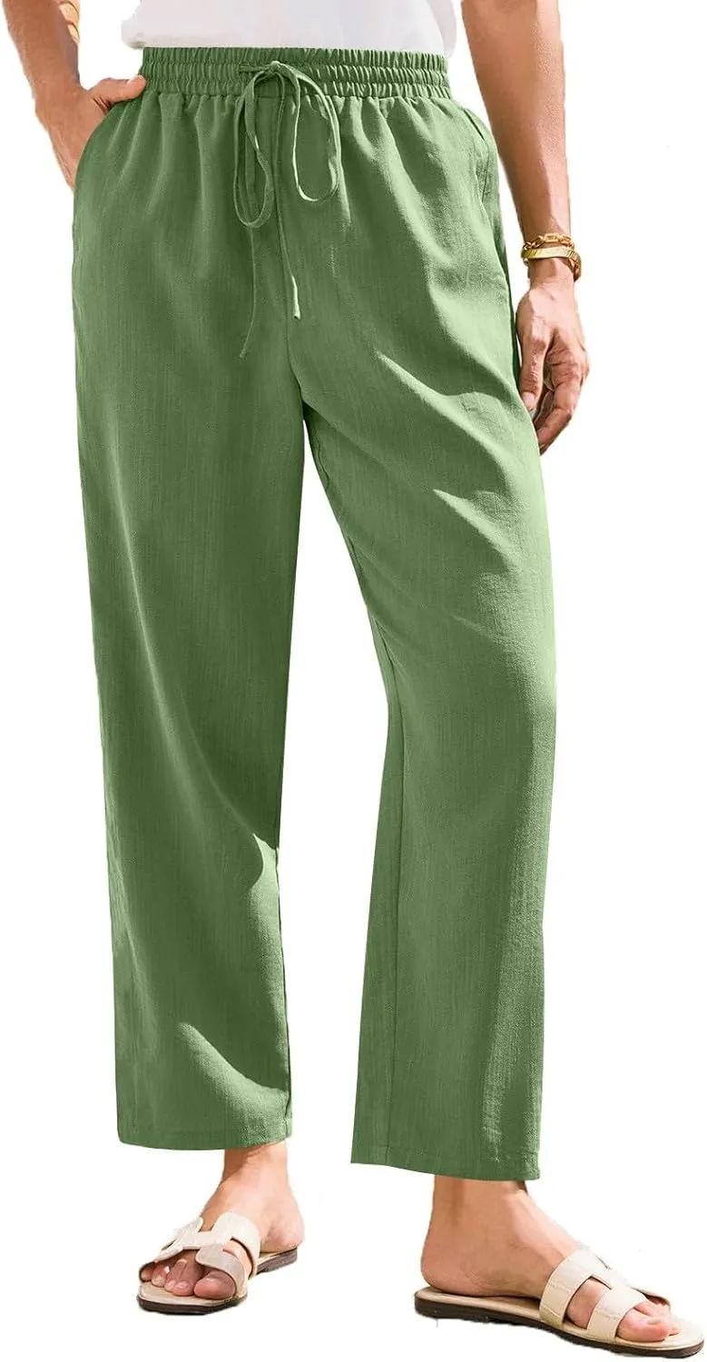 White Pants Women Wide Leg Summer, Work Pants Cargo Cotton Linen Trousers with Pockets Baggy Low Rise
