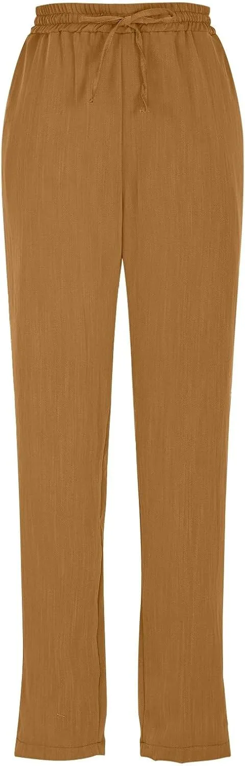 White Pants Women Wide Leg Summer, Work Pants Cargo Cotton Linen Trousers with Pockets Baggy Low Rise