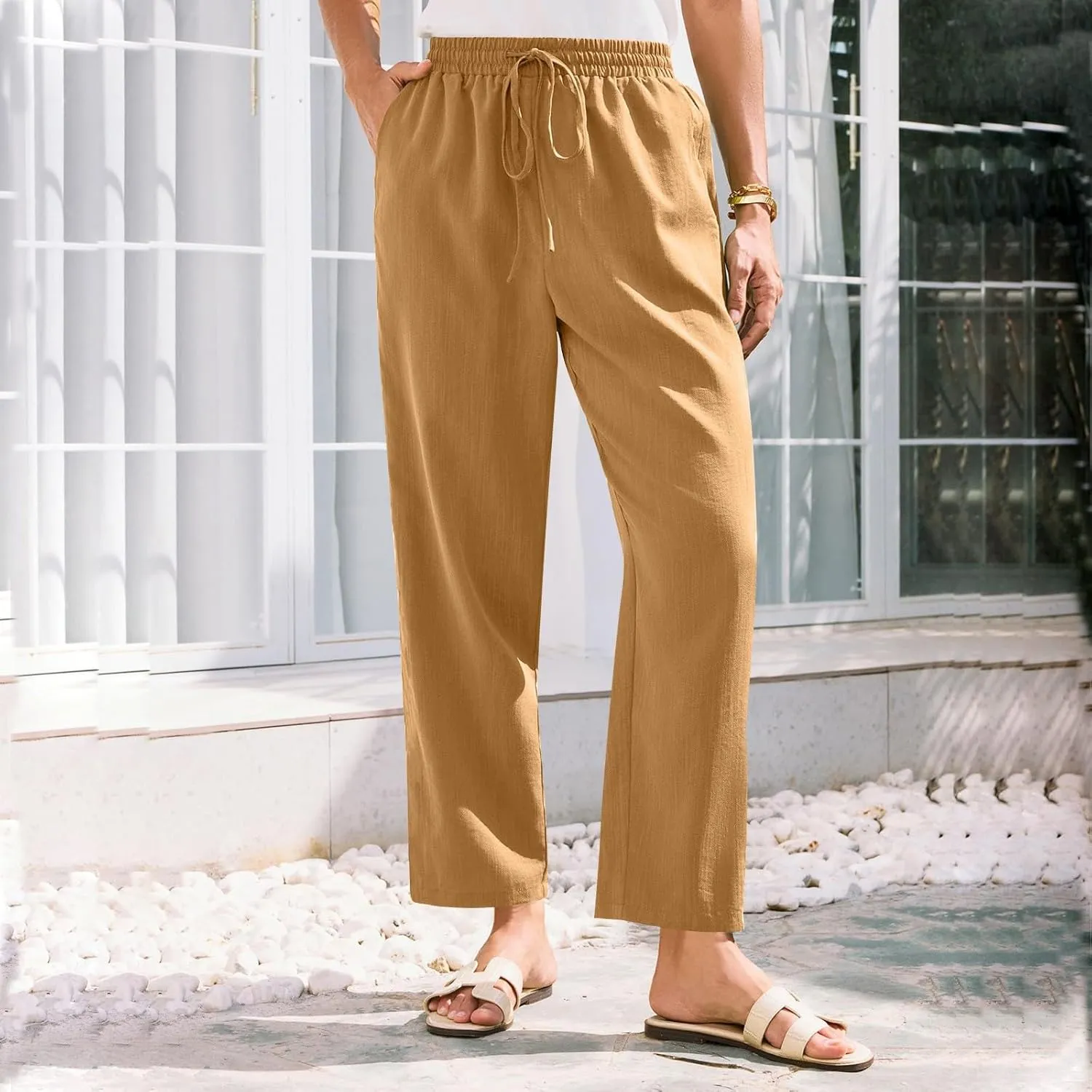 White Pants Women Wide Leg Summer, Work Pants Cargo Cotton Linen Trousers with Pockets Baggy Low Rise