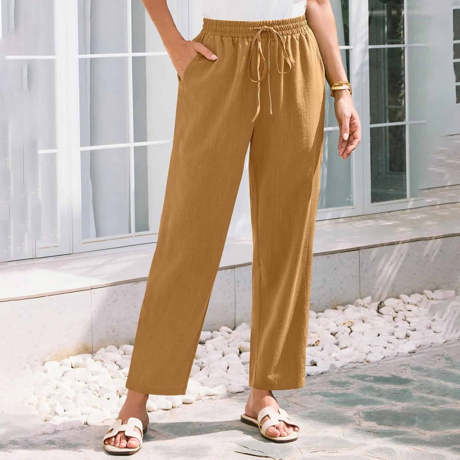 White Pants Women Wide Leg Summer, Work Pants Cargo Cotton Linen Trousers with Pockets Baggy Low Rise