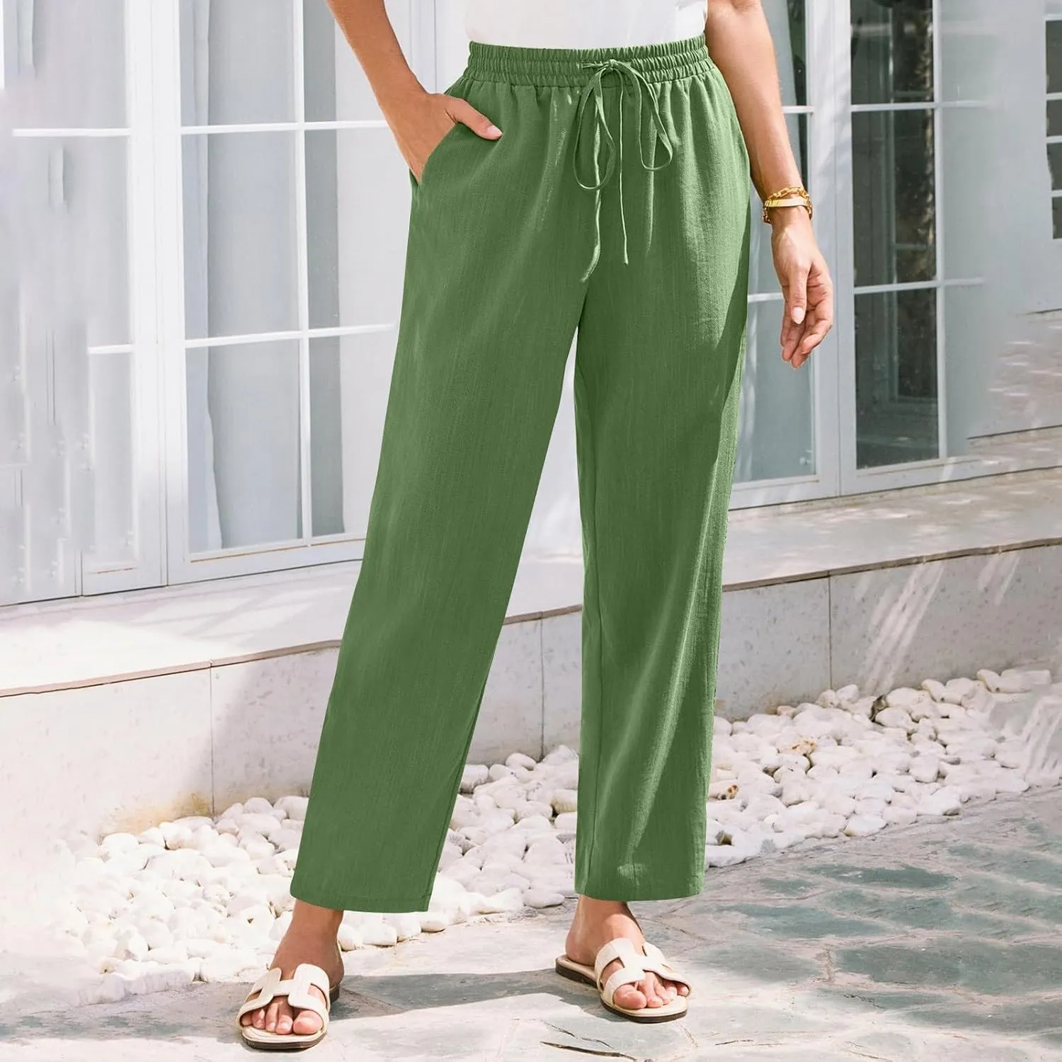 White Pants Women Wide Leg Summer, Work Pants Cargo Cotton Linen Trousers with Pockets Baggy Low Rise