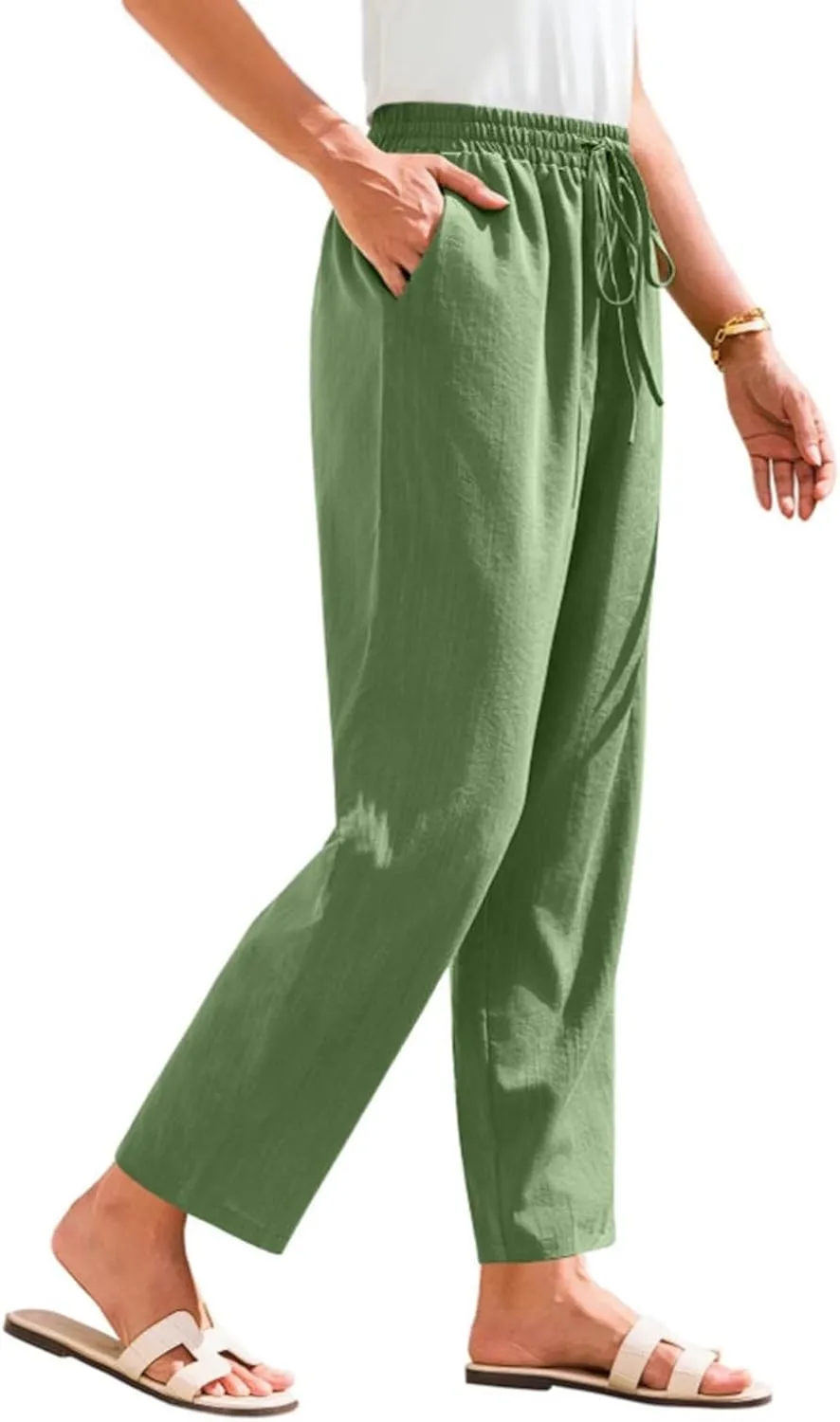 White Pants Women Wide Leg Summer, Work Pants Cargo Cotton Linen Trousers with Pockets Baggy Low Rise