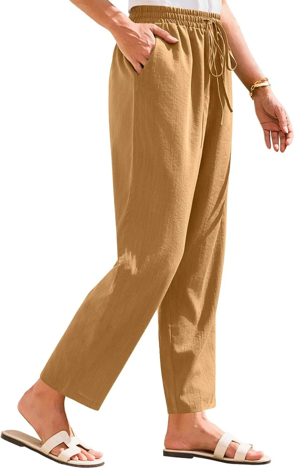 White Pants Women Wide Leg Summer, Work Pants Cargo Cotton Linen Trousers with Pockets Baggy Low Rise