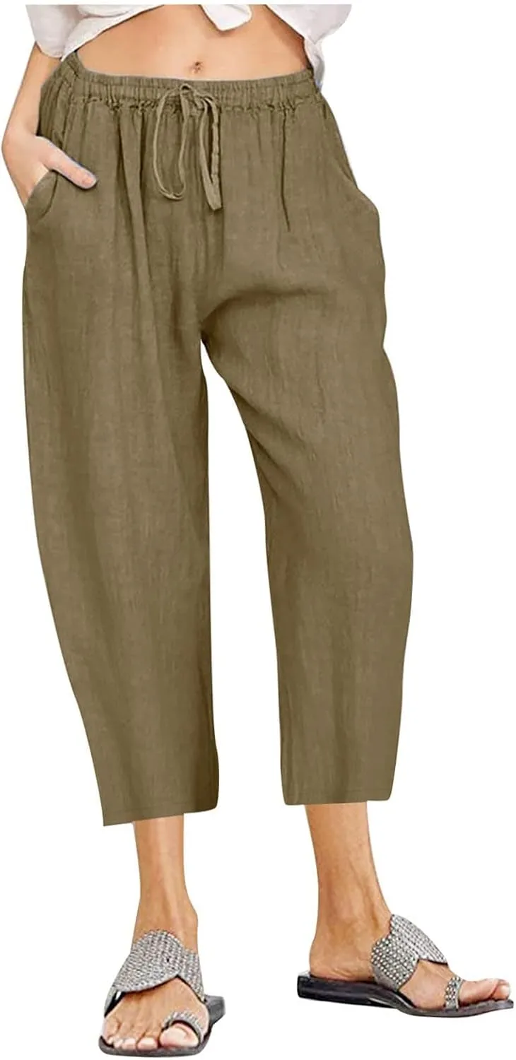 Wide Leg Capri Pants for Women Plus Size Summer Casual Loose Fit Beach Vacation Linen Pants Lightweight Cropped Trousers