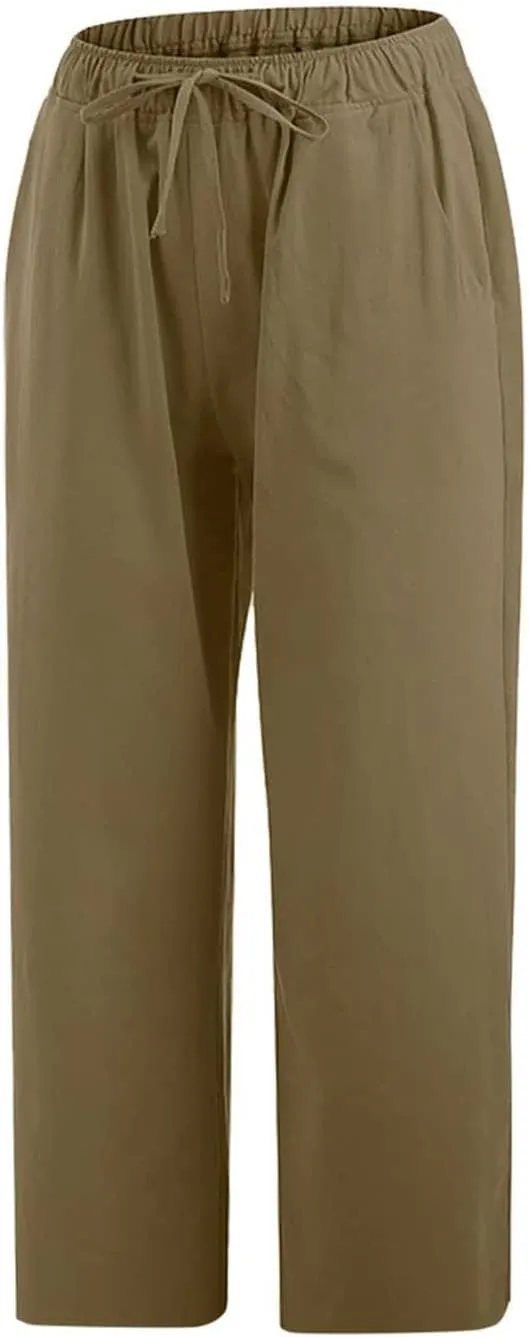 Wide Leg Capri Pants for Women Plus Size Summer Casual Loose Fit Beach Vacation Linen Pants Lightweight Cropped Trousers