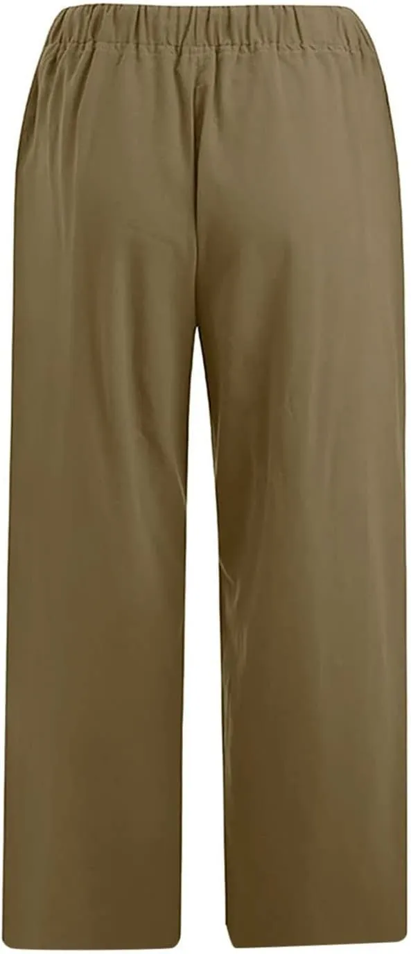 Wide Leg Capri Pants for Women Plus Size Summer Casual Loose Fit Beach Vacation Linen Pants Lightweight Cropped Trousers