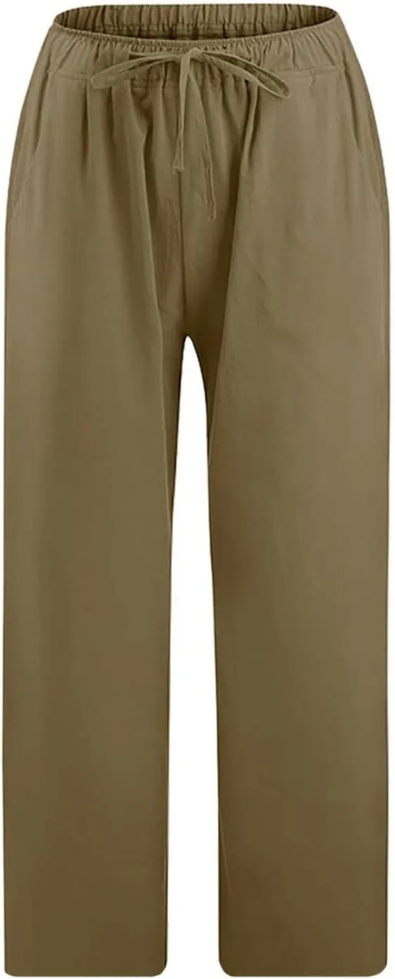 Wide Leg Capri Pants for Women Plus Size Summer Casual Loose Fit Beach Vacation Linen Pants Lightweight Cropped Trousers