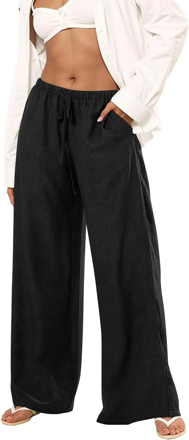 Wide Leg Linen Pants for Women Baggy Lightweight Summer Pants Casual Elastic Drawstring Waist Flowy Boho Beach Pants
