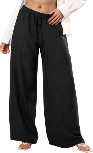 Wide Leg Linen Pants for Women Baggy Lightweight Summer Pants Casual Elastic Drawstring Waist Flowy Boho Beach Pants