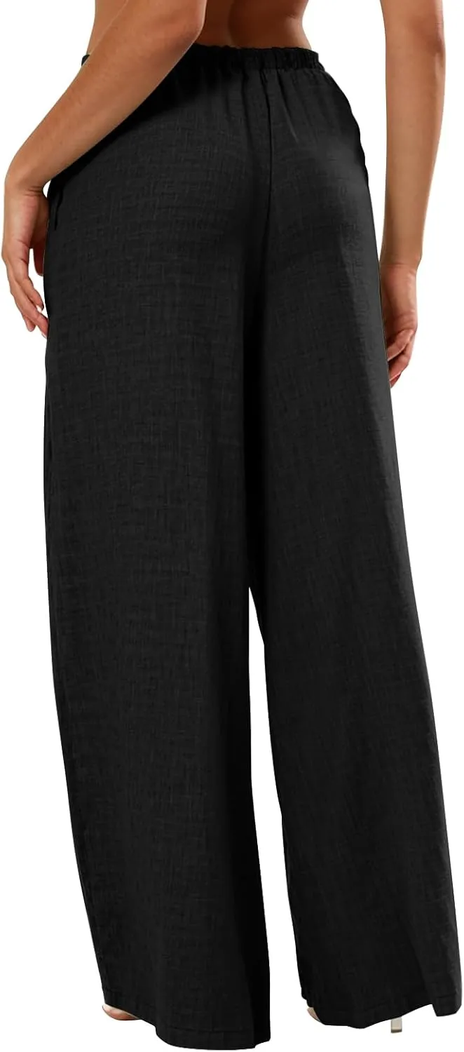Wide Leg Linen Pants for Women Baggy Lightweight Summer Pants Casual Elastic Drawstring Waist Flowy Boho Beach Pants
