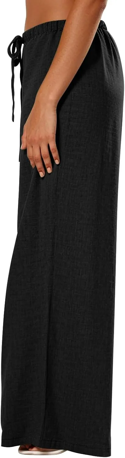 Wide Leg Linen Pants for Women Baggy Lightweight Summer Pants Casual Elastic Drawstring Waist Flowy Boho Beach Pants