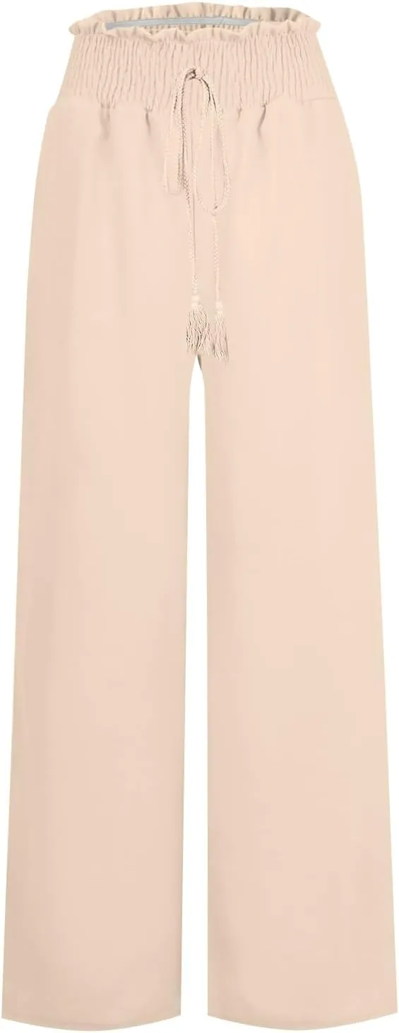 Wide Leg Linen Pants for Women Casual Drawstring Elastic High Waisted Paperbag Pants Lightweight Summer Beach Trousers