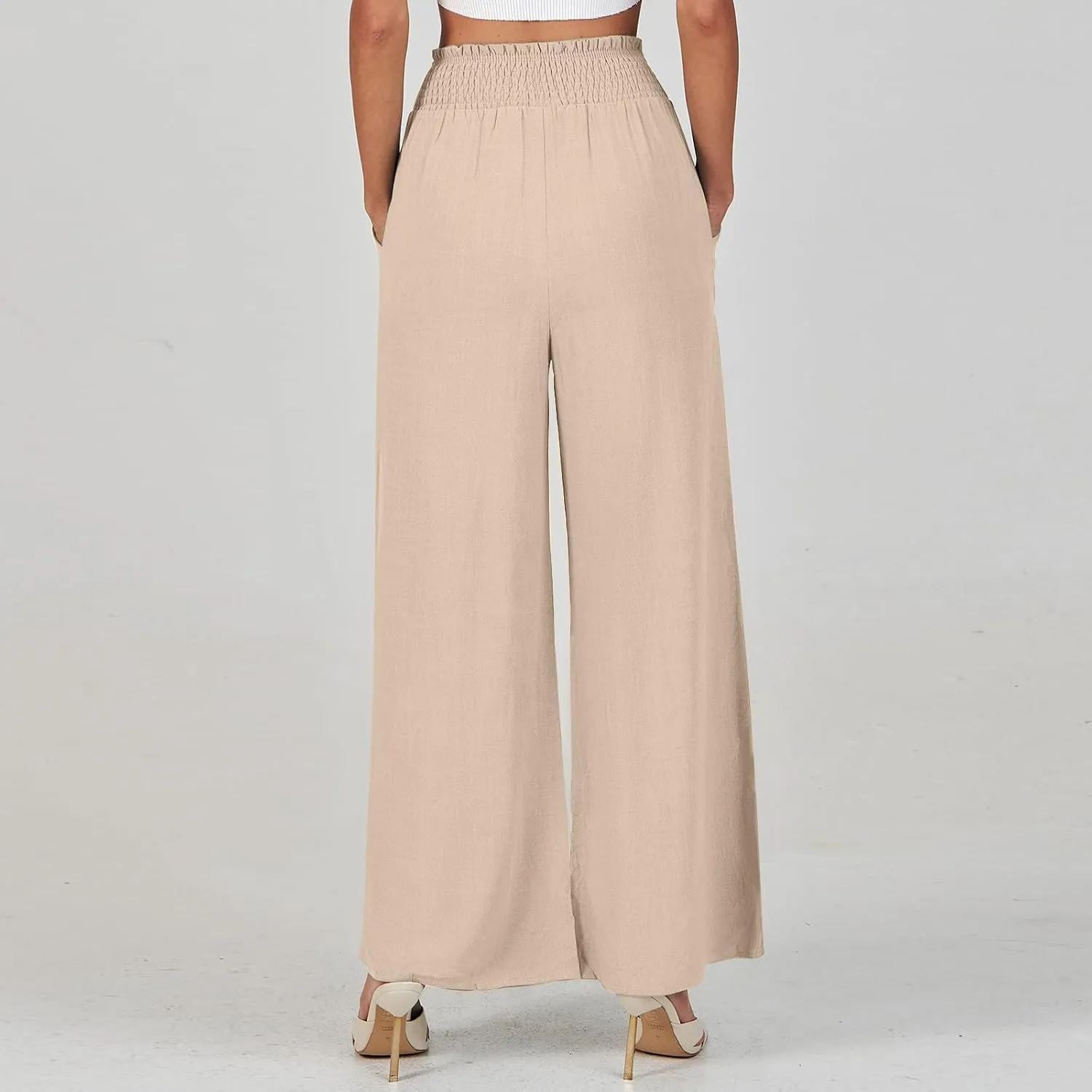 Wide Leg Linen Pants for Women Casual Drawstring Elastic High Waisted Paperbag Pants Lightweight Summer Beach Trousers