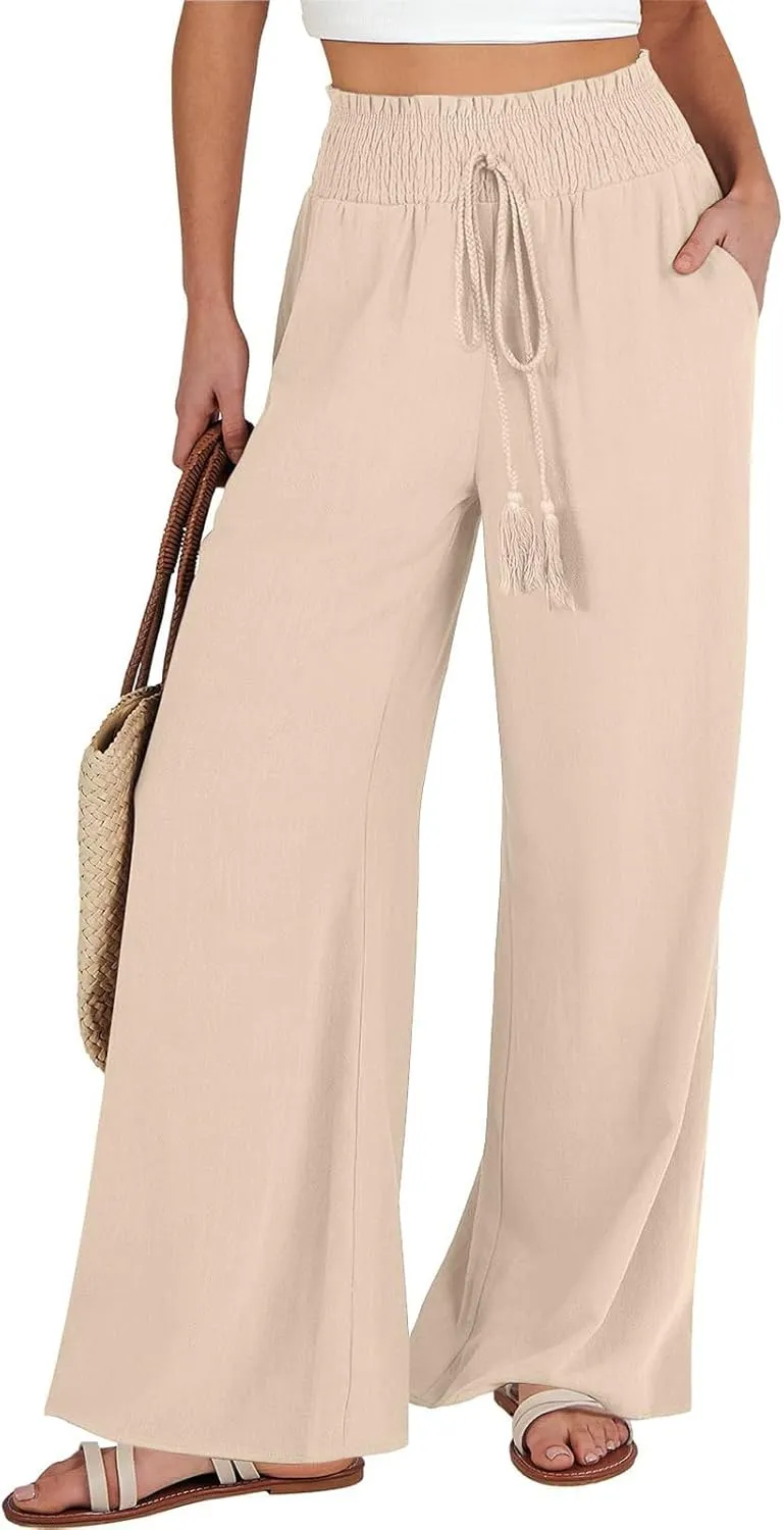 Wide Leg Linen Pants for Women Casual Drawstring Elastic High Waisted Paperbag Pants Lightweight Summer Beach Trousers