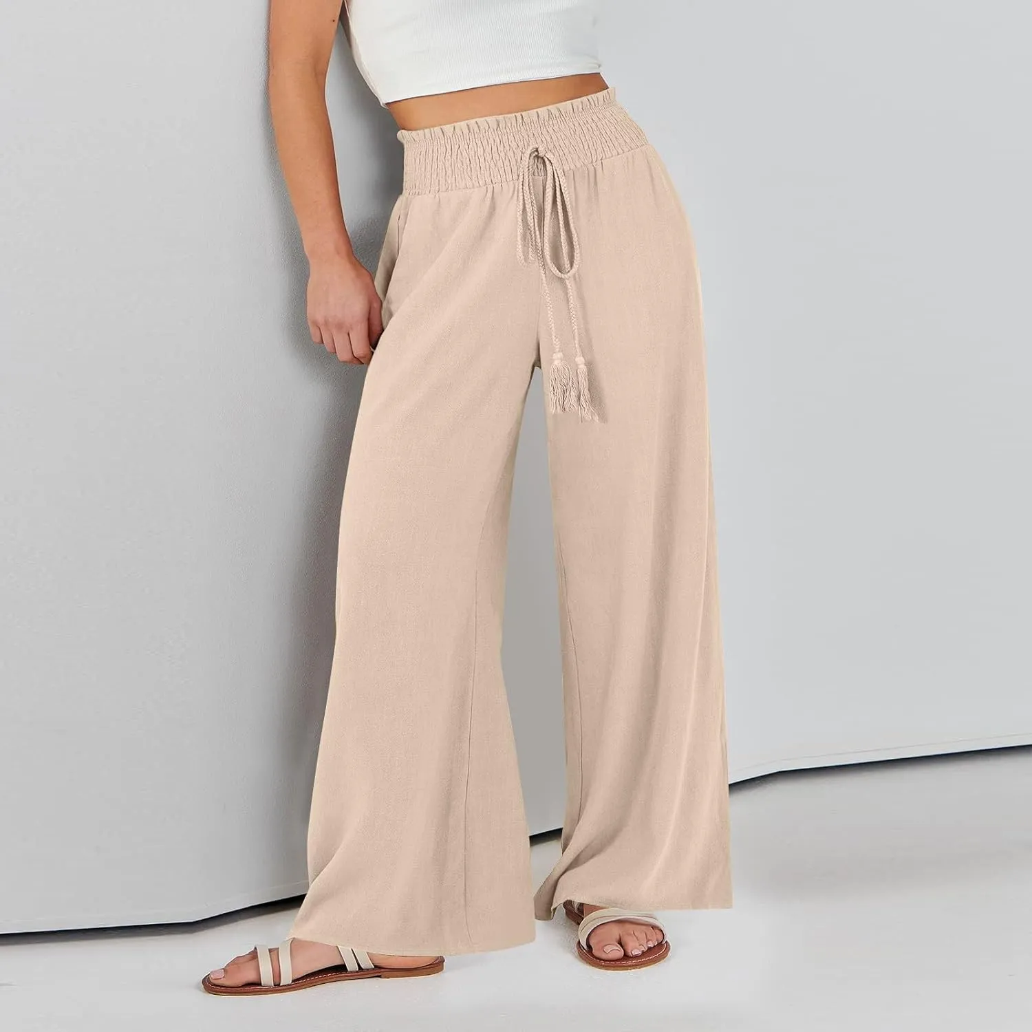 Wide Leg Linen Pants for Women Casual Drawstring Elastic High Waisted Paperbag Pants Lightweight Summer Beach Trousers