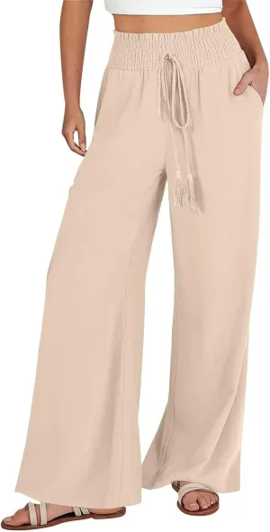 Wide Leg Linen Pants for Women Casual Drawstring Elastic High Waisted Paperbag Pants Lightweight Summer Beach Trousers