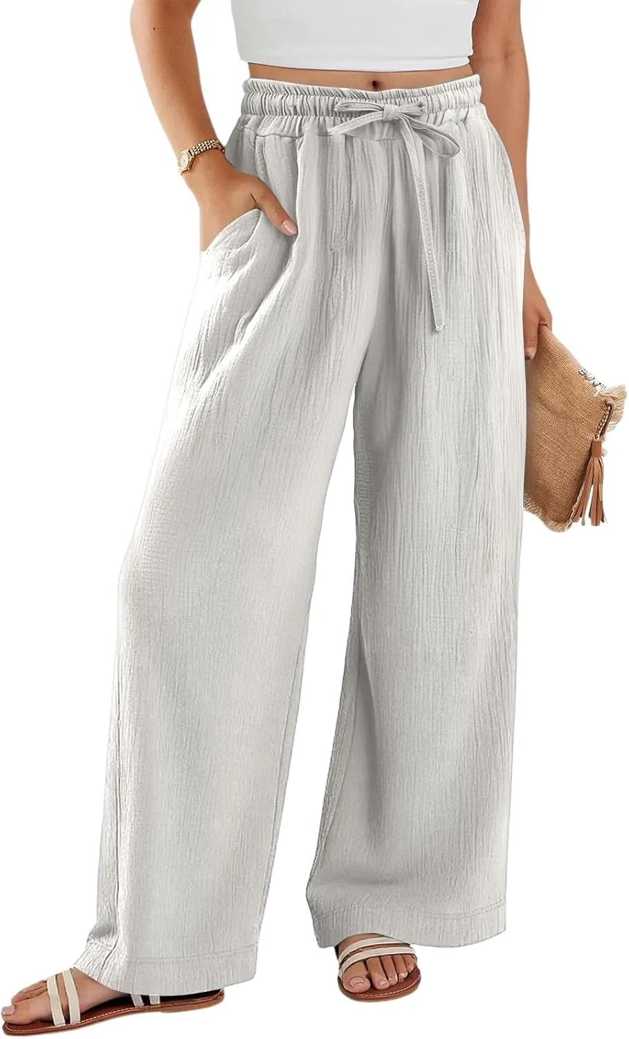 Wide Leg Linen Pants for Women Casual Elastic Waist Loose Fit Flowy Palazzo Pants Comfy Summer Beach Pant with Pockets